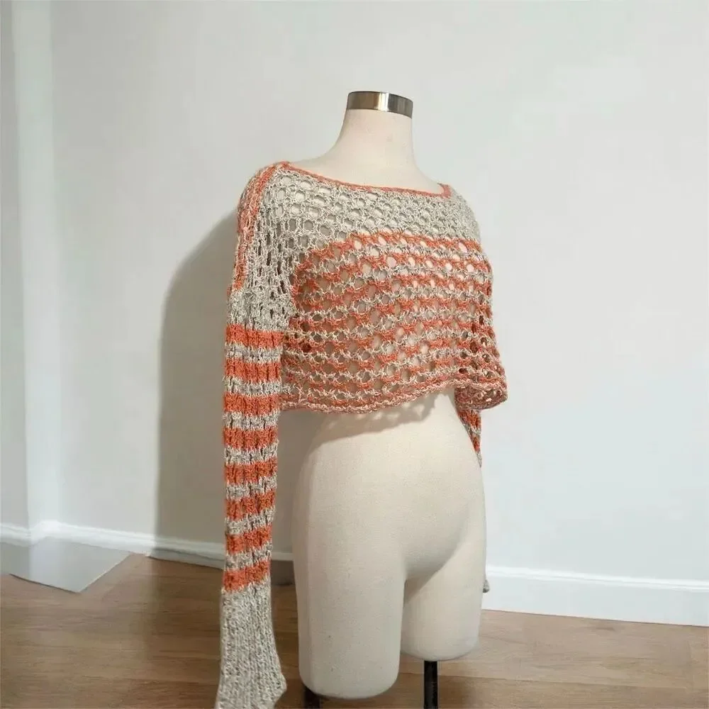Free People Crochet Crop Top Blouse Small Mesh Bell Sleeve Woven Knit
